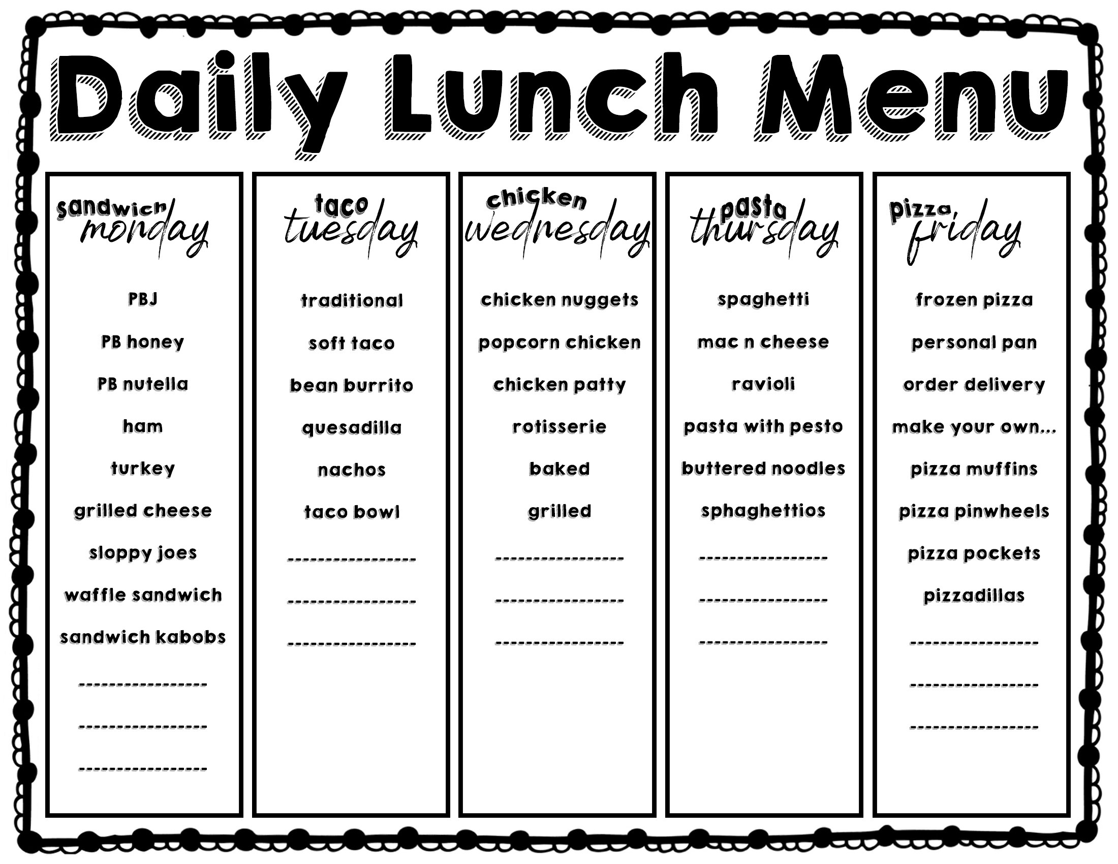 Plan Your Daily Lunch Menu Free Printable Wichita Mom