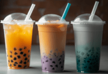 Three colorful boba tea cups